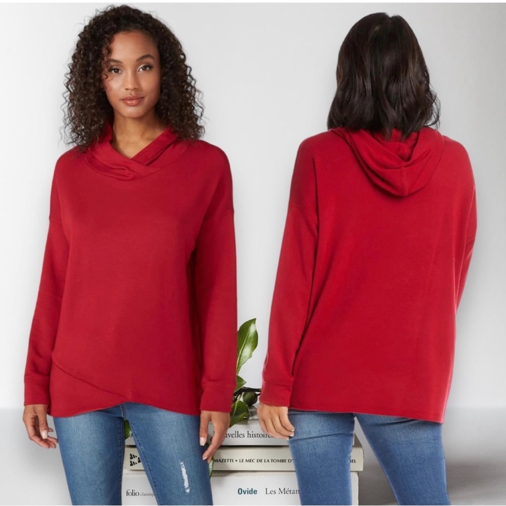 Karen Kane Womans Red Crossover Hem Hoodie Sweatshirt Size Large super soft